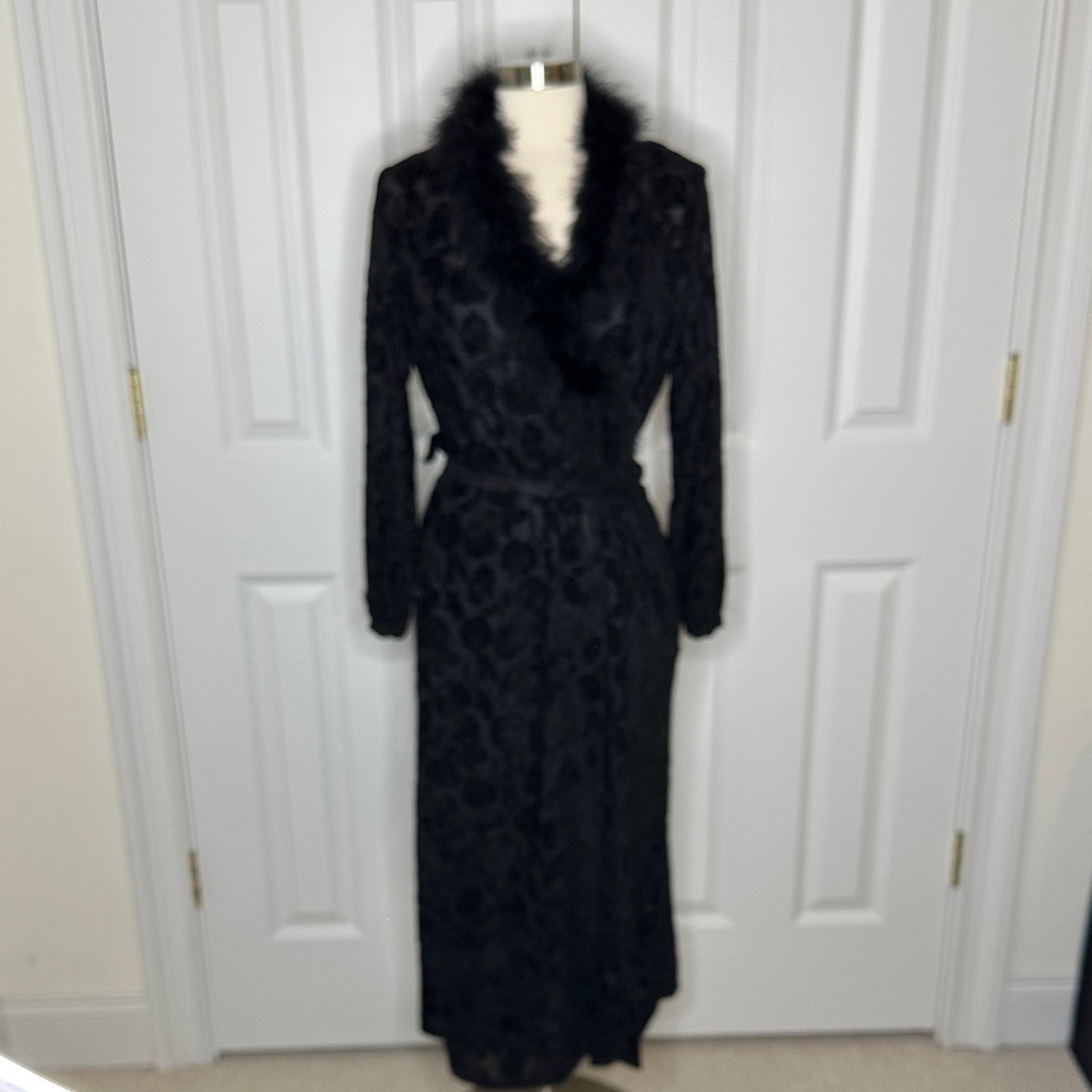 Vintage Black Lace Robe with Fur Trim